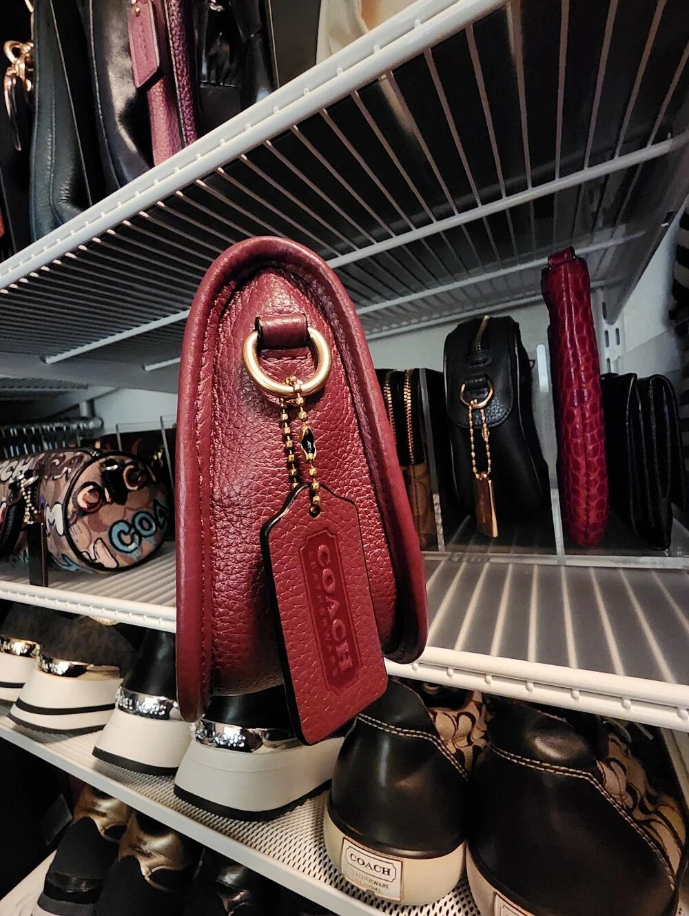 Coach Wine Color Swinger Bag In Nylon With Leather Trim.